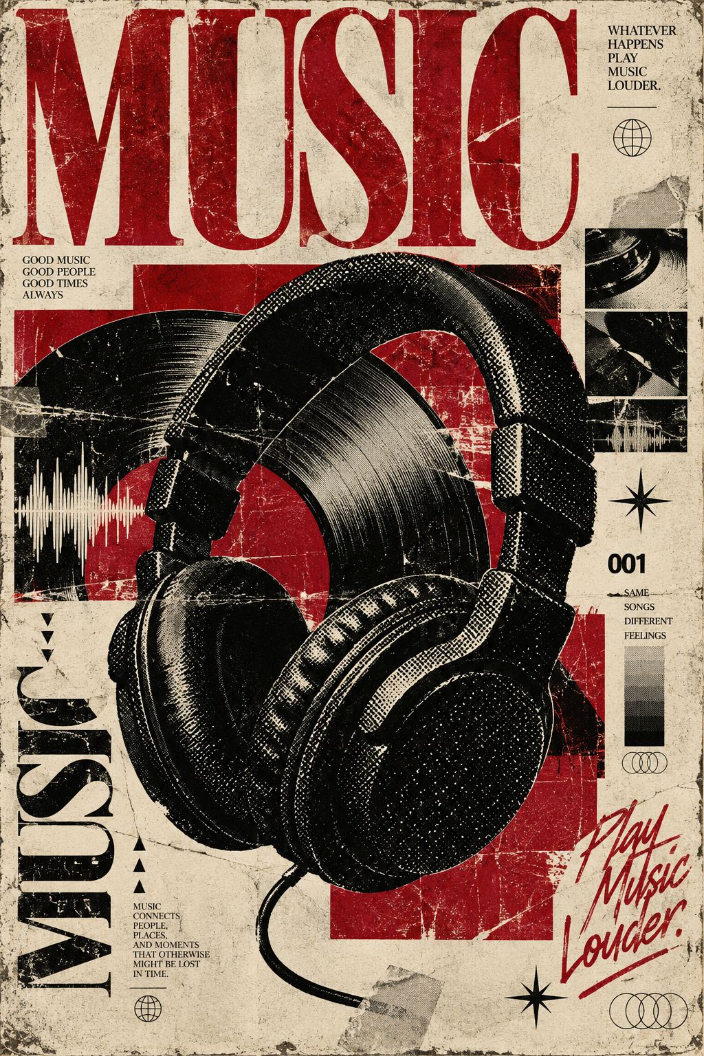 Distressed cream music collage with red MUSIC lettering, black headphones over a vinyl record and several small music quotes.