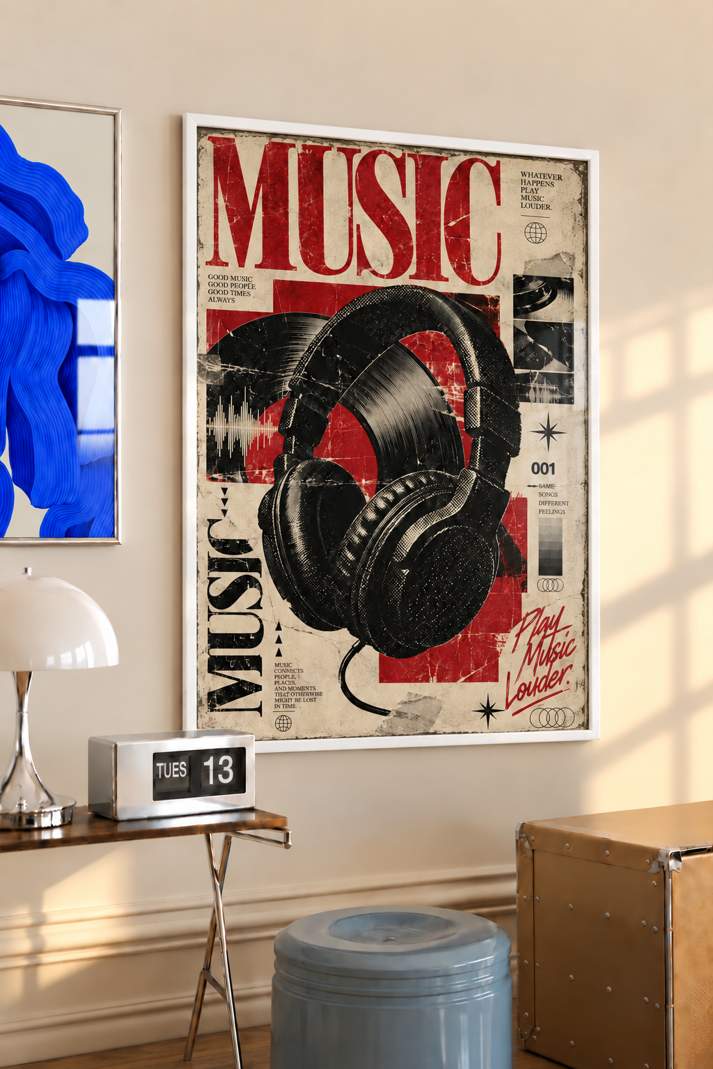 Framed vintage music collage poster with black vinyl and over-ear headphones