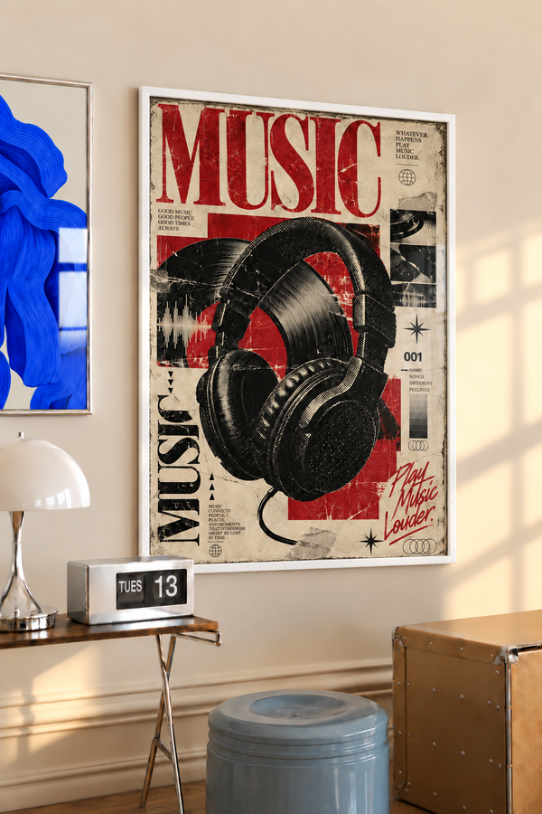 Framed vintage music collage poster with black vinyl and over-ear headphones