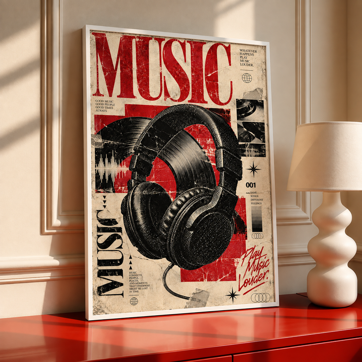 Headphones, vinyl record and layered music lettering wall art displayed in styled interior view 2