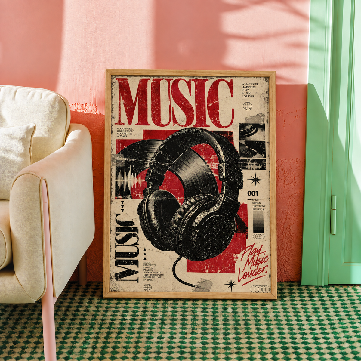 Headphones, vinyl record and layered music lettering wall art displayed in styled interior view 3