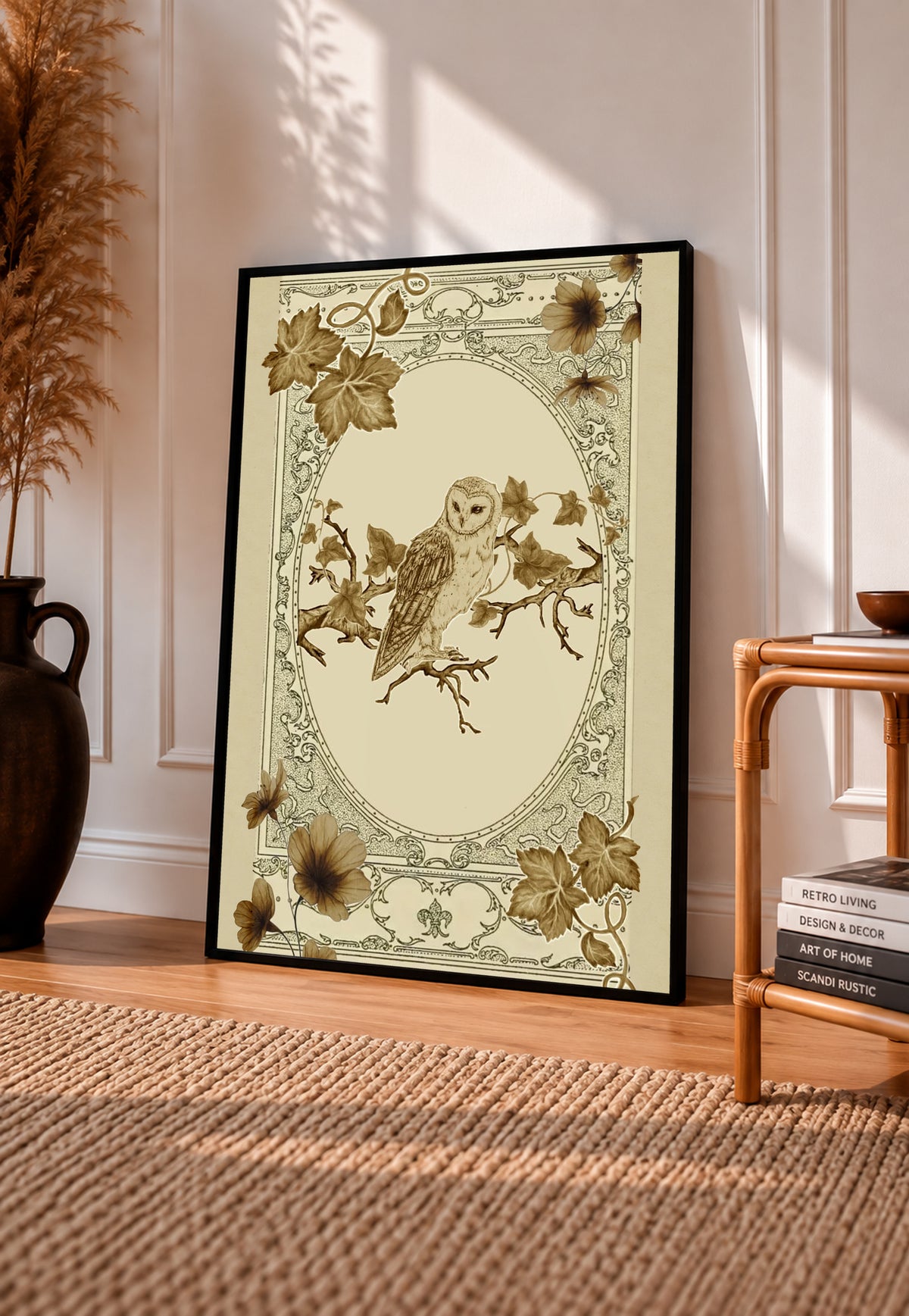 Owl on a branch inside an ornamental oval with floral corners on cream and sage in a black frame leaning on a sunlit wooden floor beside books and a rattan seat