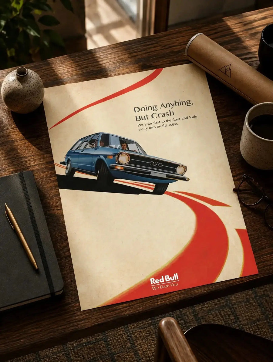 Retro car ad print with blue car, red swirls, and Red Bull logo and slogan