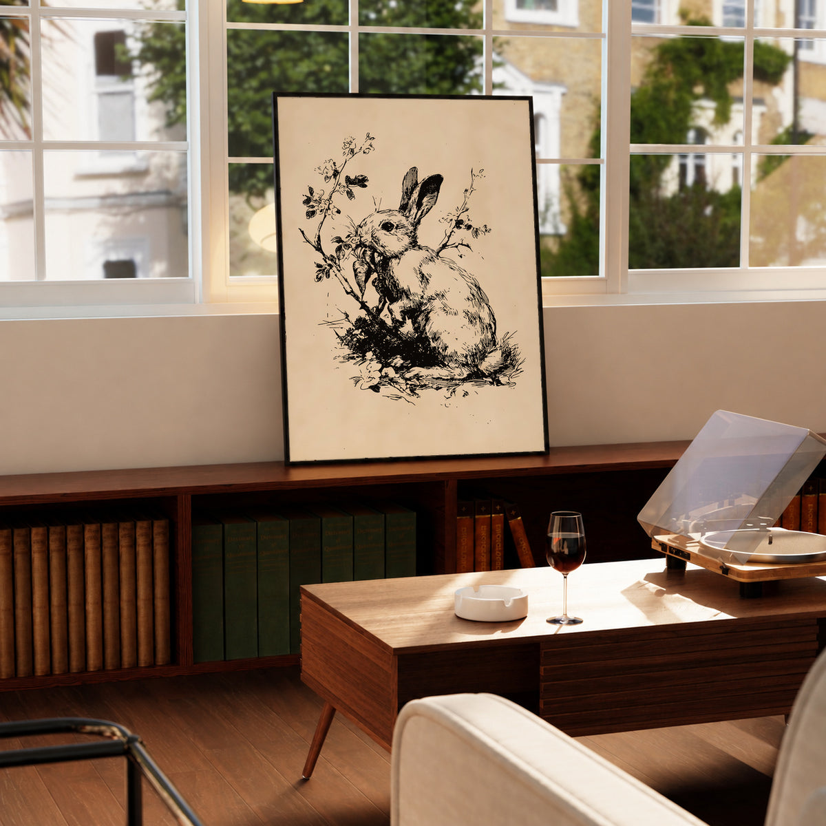 Rabbit holding a carrot among fine plants in black ink style on aged cream in a black frame on a wooden cabinet beside a window and record player