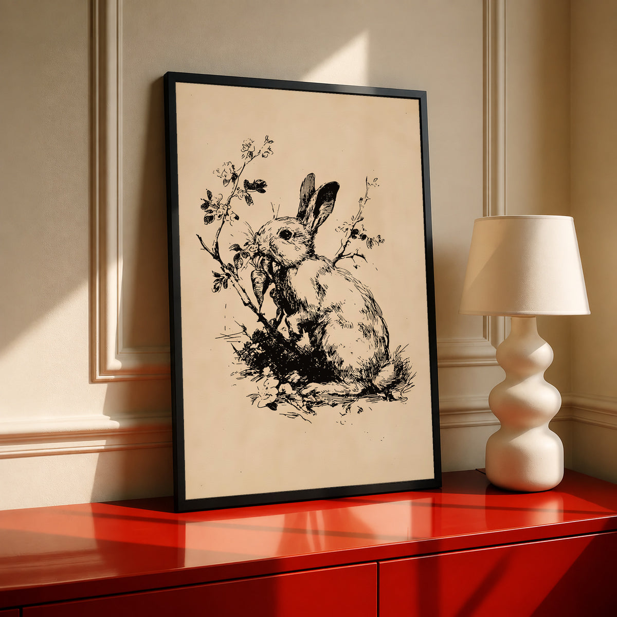 Rabbit holding a carrot among fine plants in black ink style on aged cream in a black frame on a red cabinet beside a cream lamp