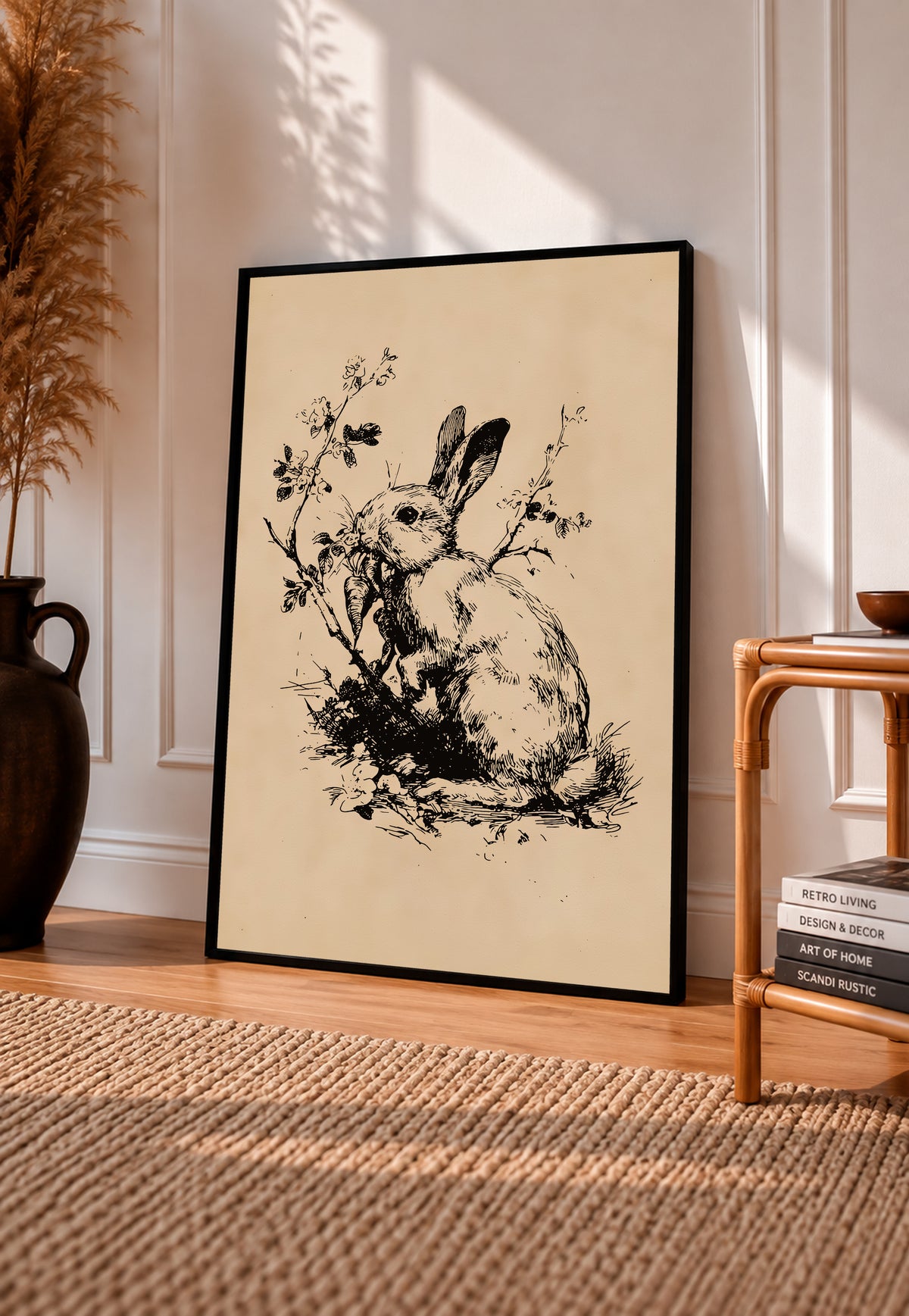 Rabbit holding a carrot among fine plants in black ink style on aged cream in a black frame leaning on a sunlit wooden floor beside books and a rattan seat