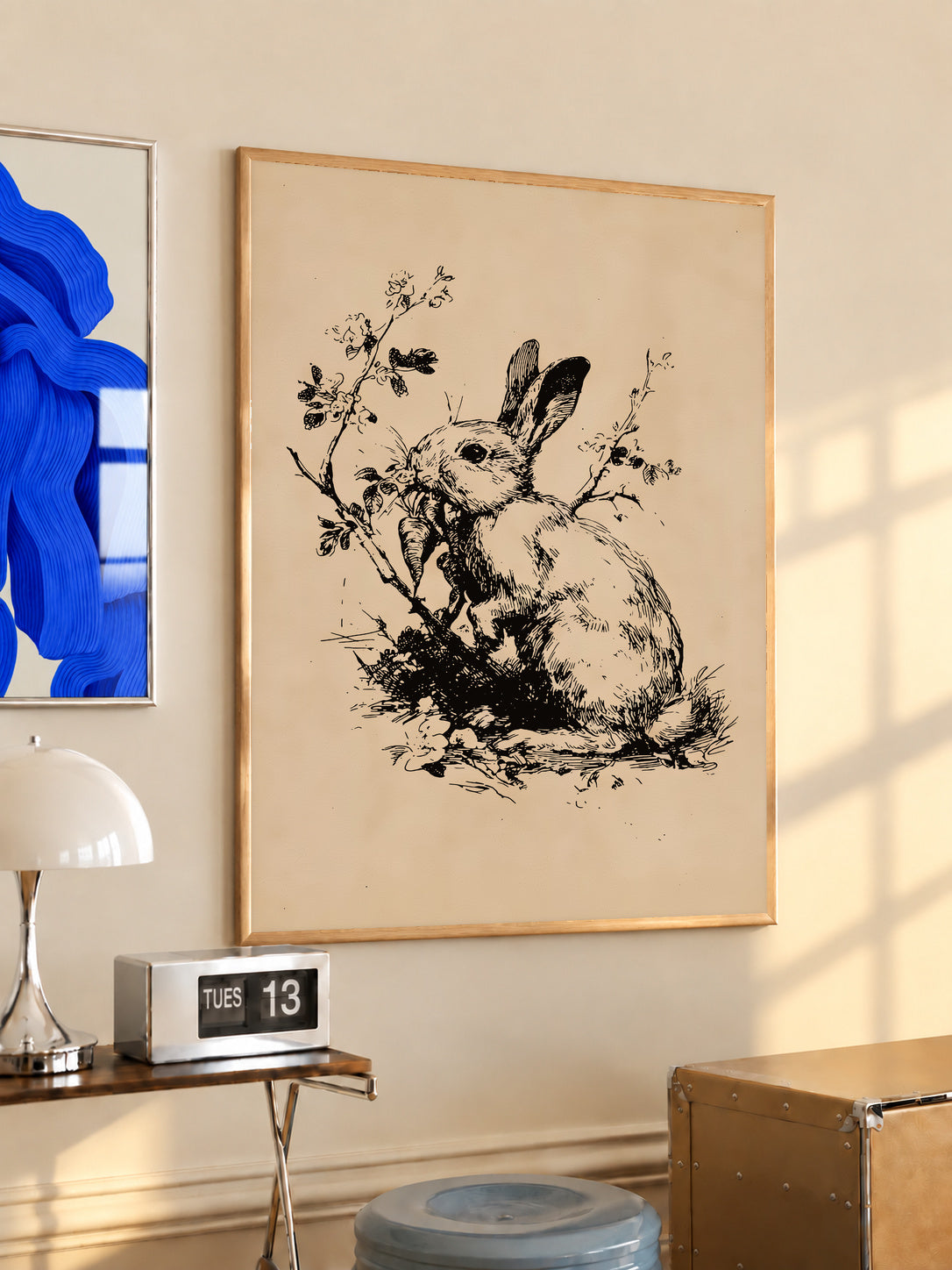 Rabbit holding a carrot among fine plants in black ink style on aged cream in an oak frame above a console beside a blue print and calendar