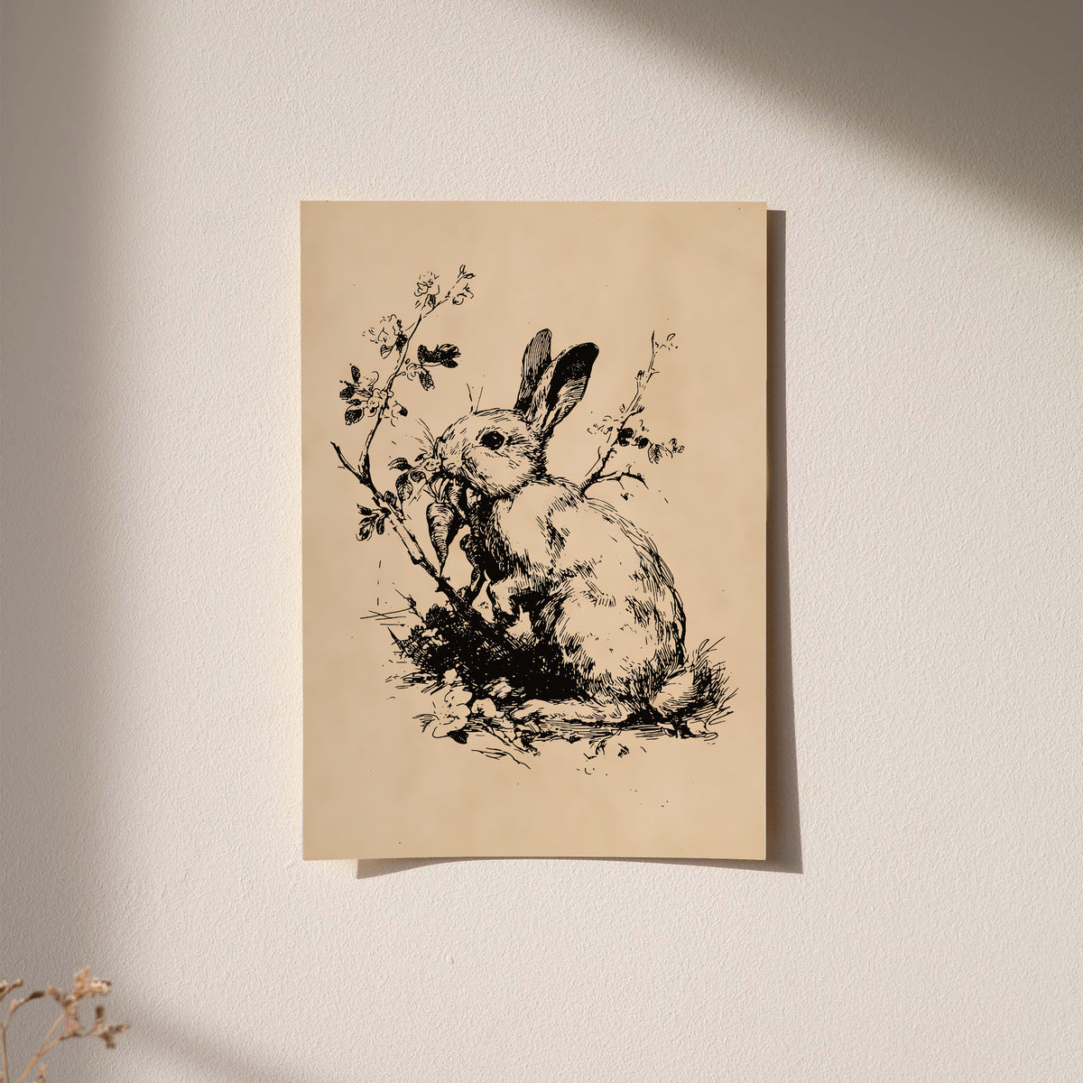 Rabbit holding a carrot among fine plants in black ink style on aged cream as an unframed hanging paper print against a plaster wall
