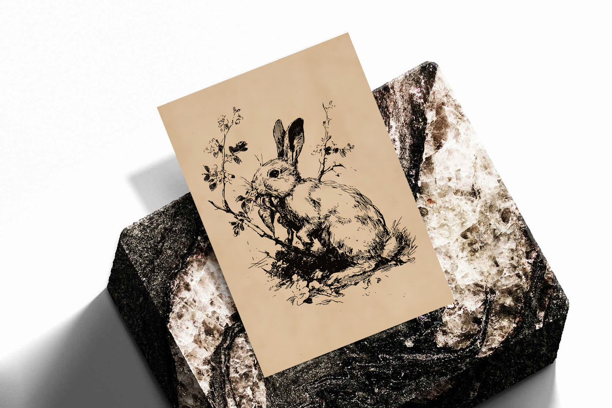 Rabbit holding a carrot among fine plants in black ink style on aged cream as an unframed print standing on a stone plinth against white