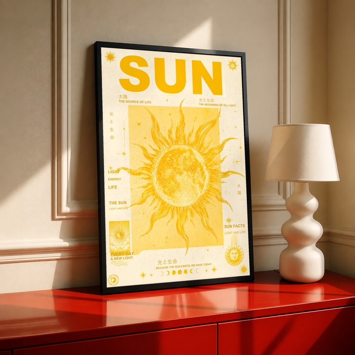 Sun typography and solar illustration in a black frame on a red cabinet beside a cream lamp