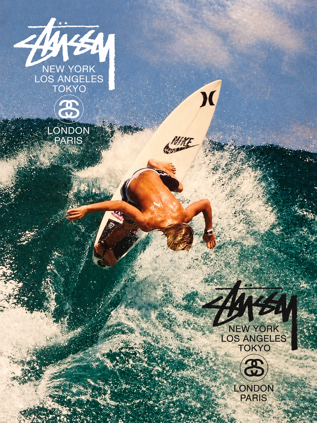 Vintage surf wall art close-up of a surfer diving into ocean waves with Stussy logos