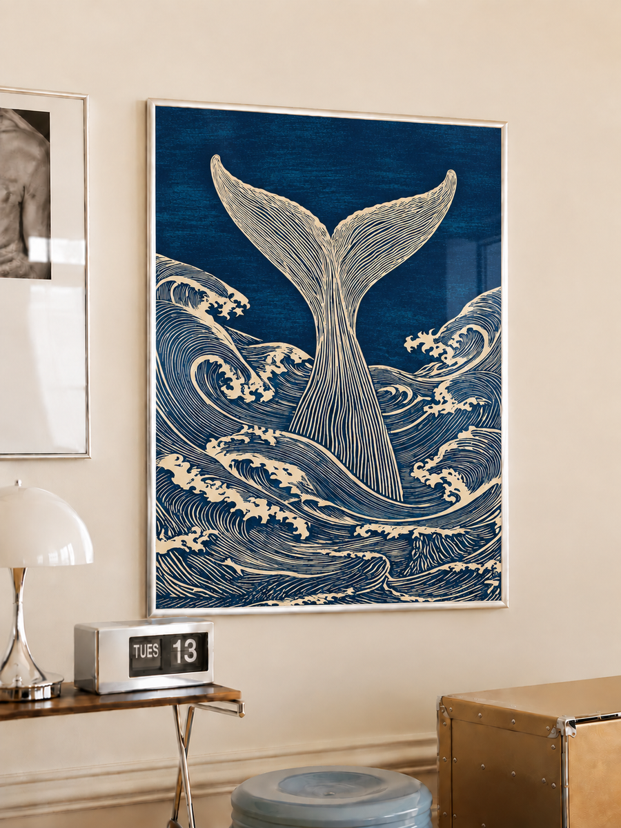 Vintage Whale Tail Ocean Illustration Wall Art Poster styled interior mockup