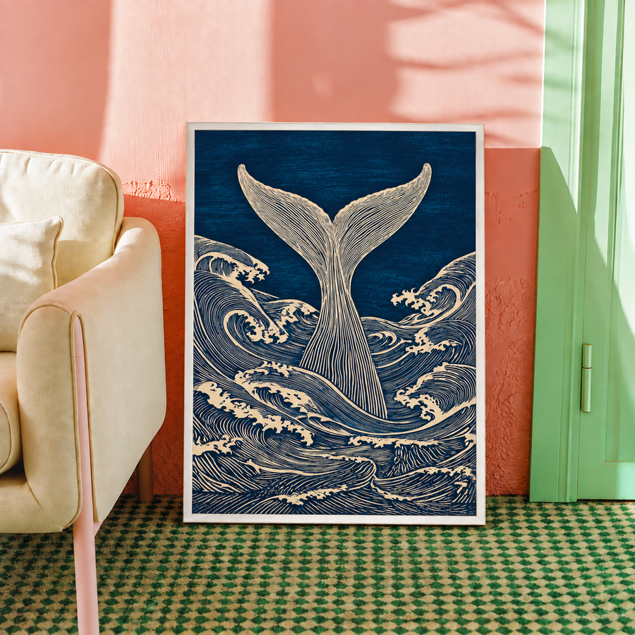 Vintage Whale Tail Ocean Illustration Wall Art Poster framed home decor mockup
