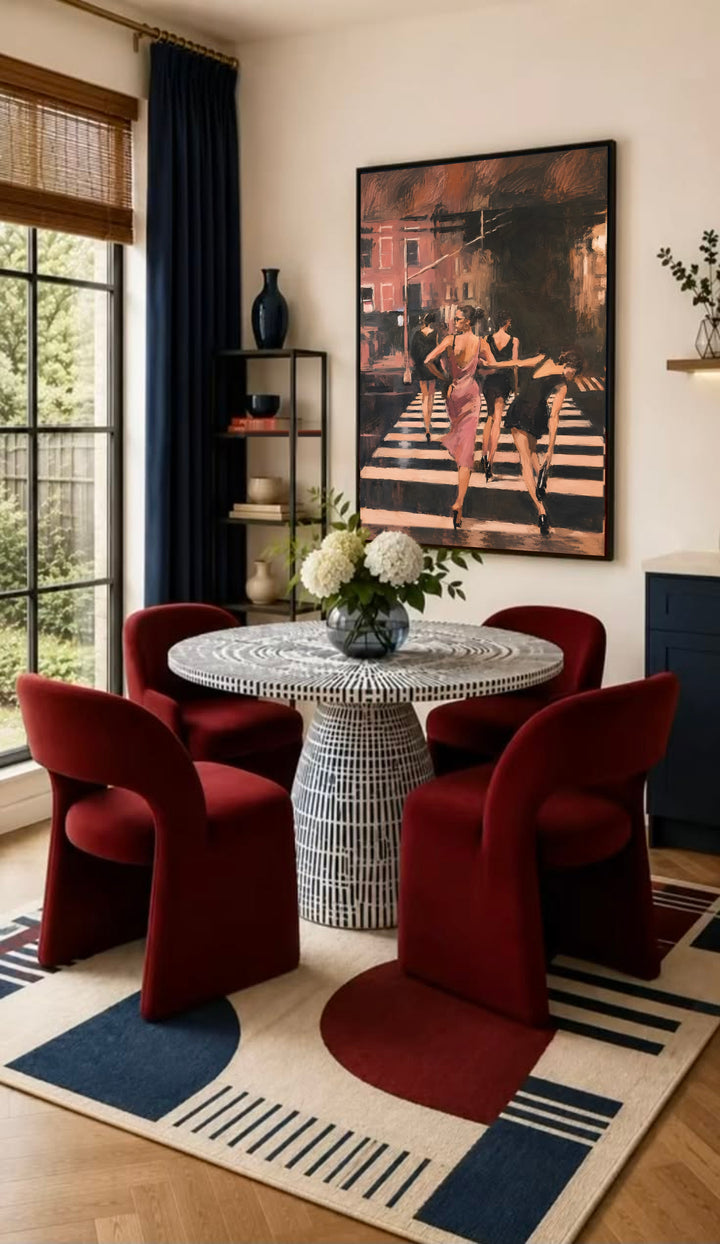 Framed street scene wall art with women in a pink dress on a striped crosswalk
