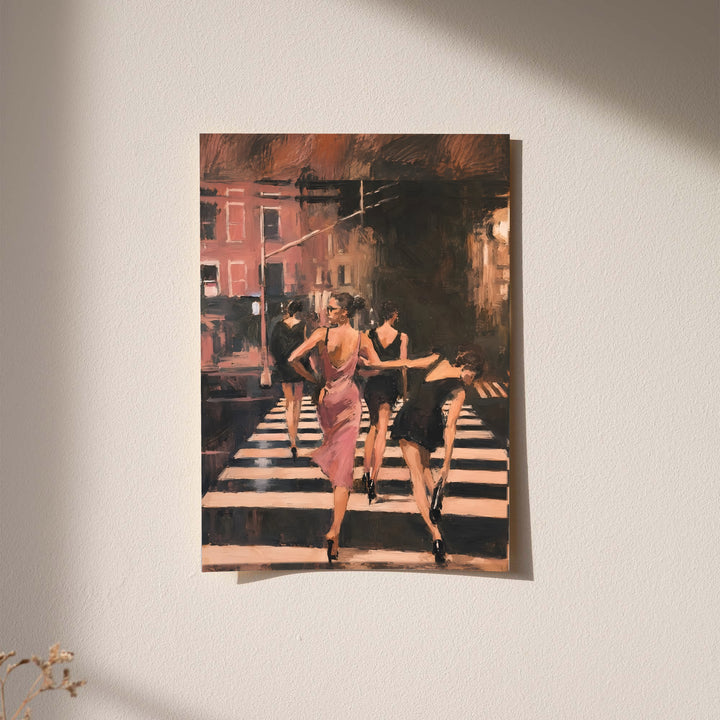 Street scene wall print with women in a pink dress walking on a striped crosswalk