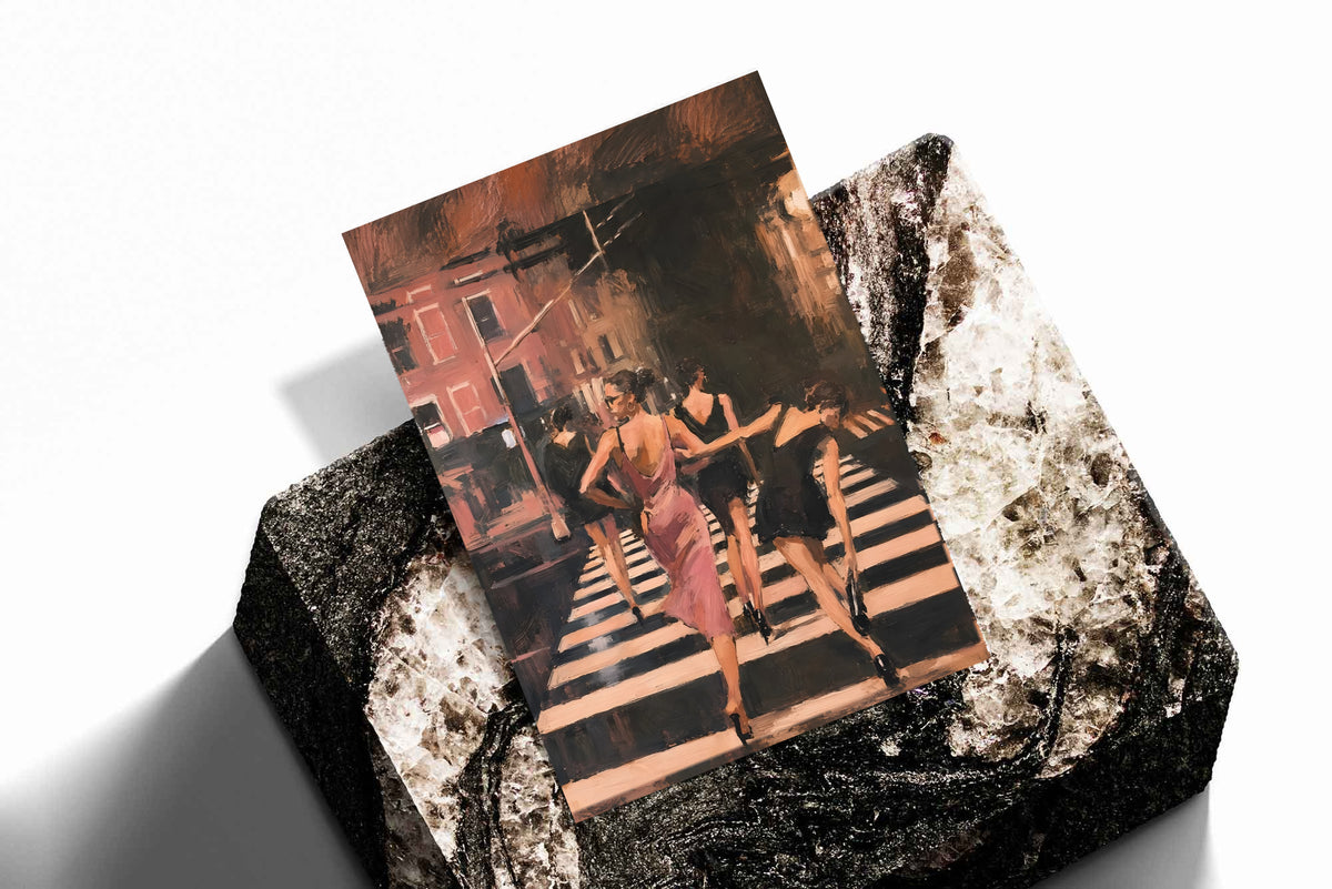 Street scene print on a textured surface: women in a pink dress on a striped crosswalk