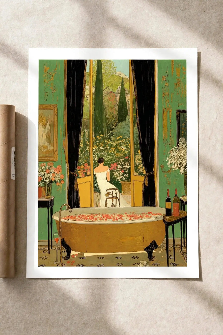 Garden Bath art poster with botanical scene, green arches and seated figure