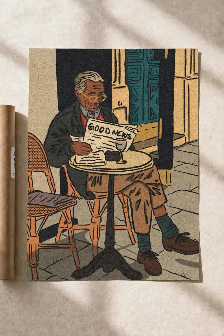 Cafe wall art print with illustrated man and boy at table, text 'GOOD NEWS'