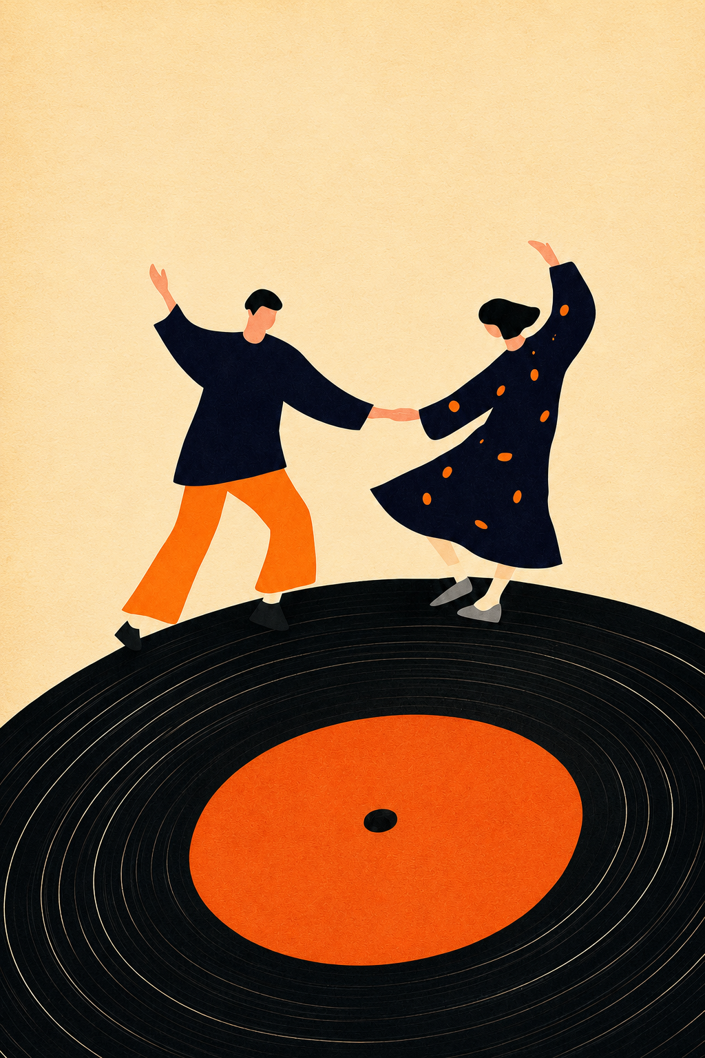 Vinyl Dance Duo Art Print featuring a dancing couple on a record in cream, red and navy tones