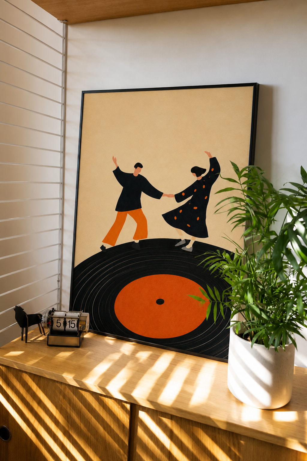 Vinyl Dance Duo Art Print displayed in a warm modern interior with vintage-inspired decor