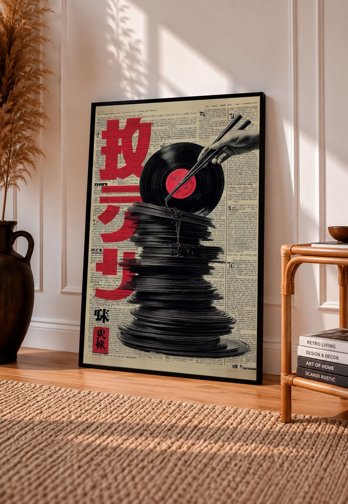 Framed poster with red Japanese characters, newspaper print, black vinyl disc and chopsticks