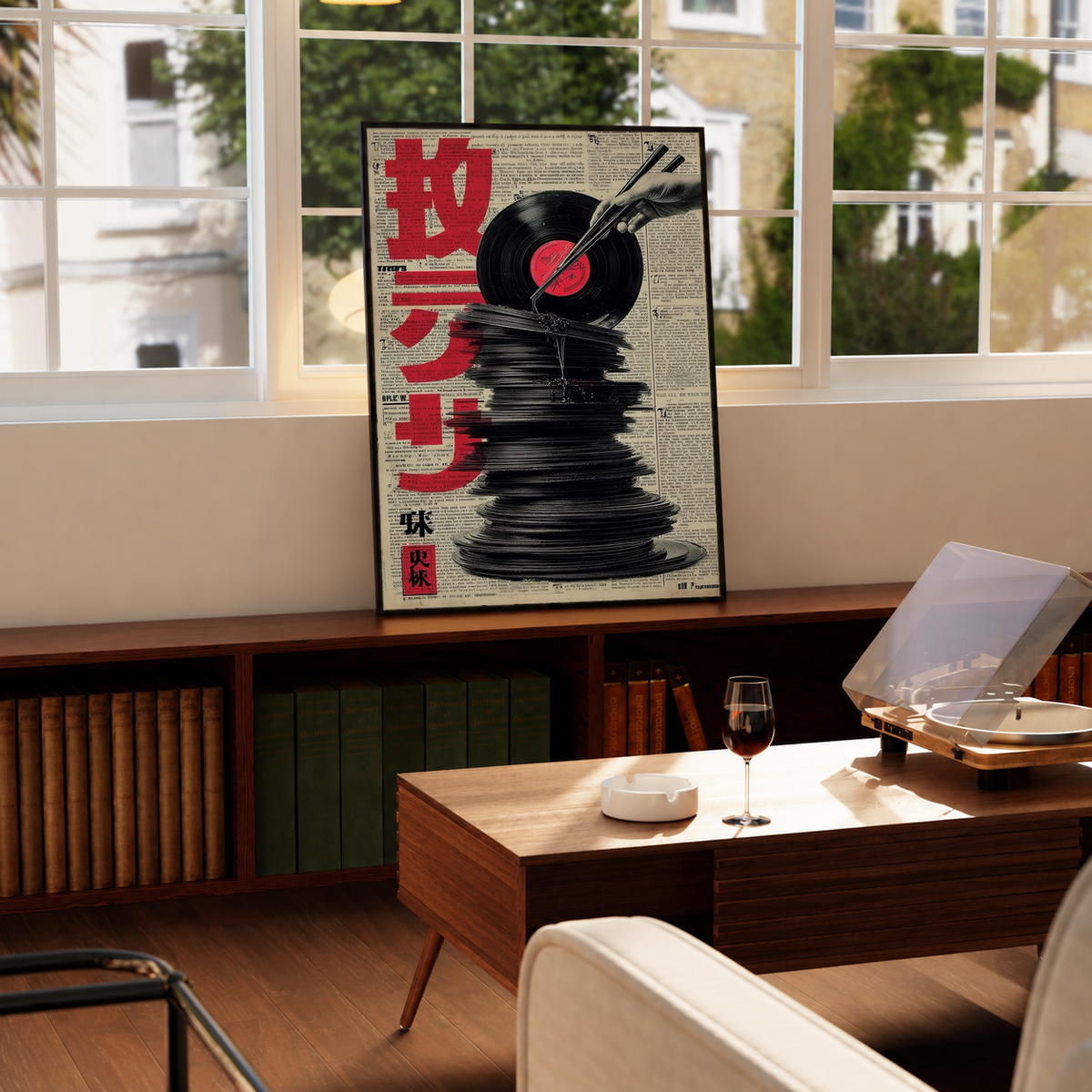Framed vinyl-record poster with red Japanese text, black stacked discs, and chopsticks