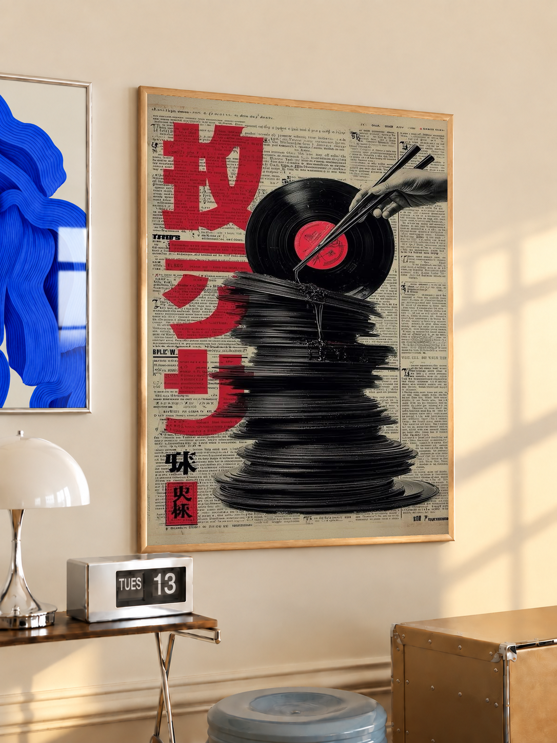 Framed wall poster showing red Japanese type, black vinyl record, and chopsticks illustration