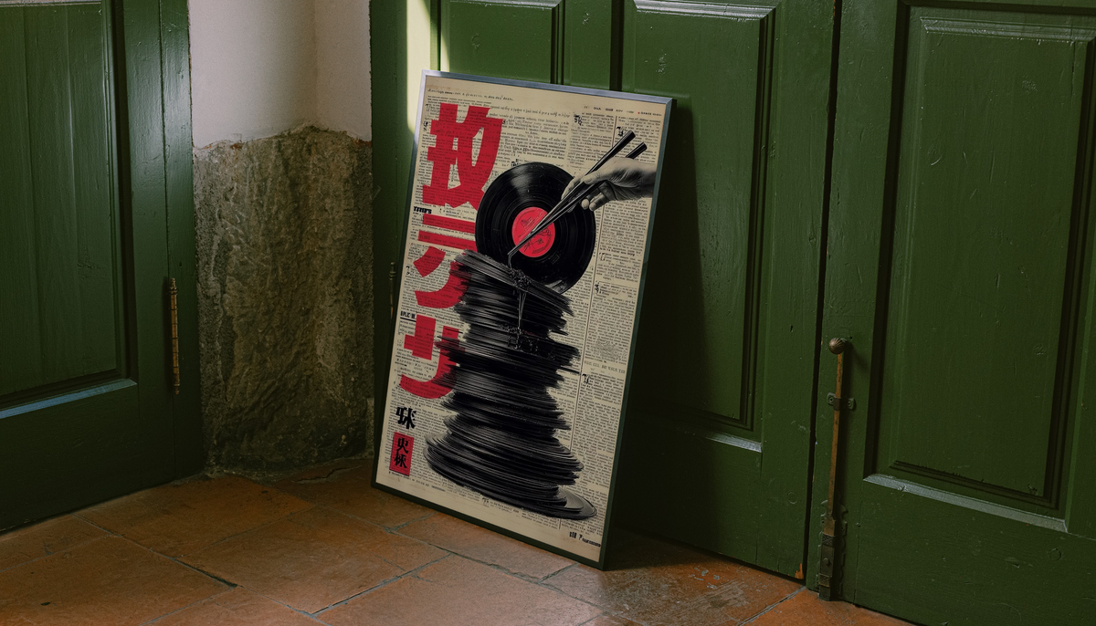 Framed wall poster featuring red Japanese characters and black vinyl record with chopsticks