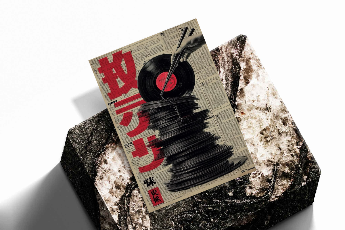 Tilted framed poster with red Japanese text, black vinyl record graphic, and chopsticks