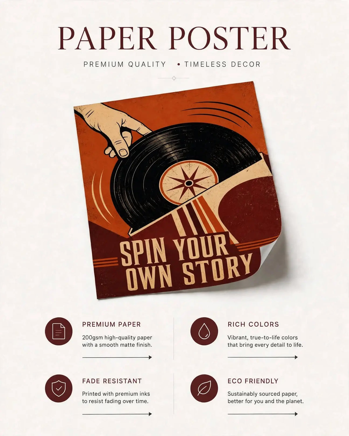 Paper poster art print with vinyl record graphic and “Spin Your Own Story” text