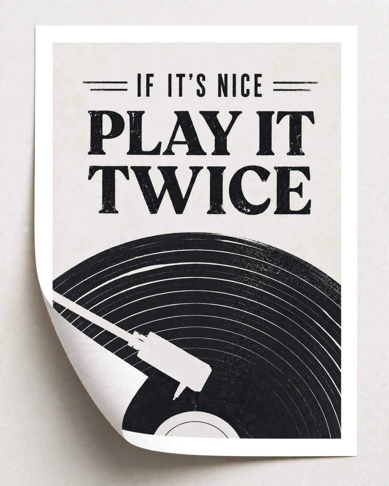Play It Twice Music Art Print shown as an unframed poster with monochrome record player graphics