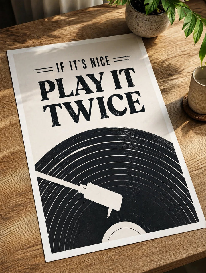 Play It Twice Music Art Print styled as retro vinyl wall decor beside a record collection