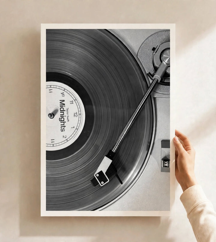 Vinyl Record Photography Art Print shown as an unframed poster with close up record player imagery