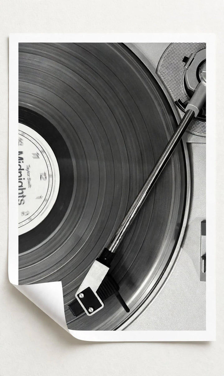 Vinyl Record Photography Art Print featuring detailed record grooves, label and turntable needle