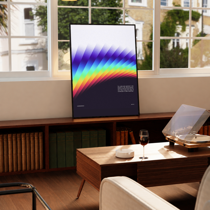 Visible Light Spectrum Poster in a black frame near a window and wooden table in a sunlit sitting room.