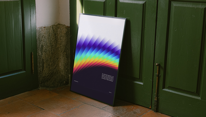 Visible Light Spectrum Poster shown as a canvas leaning beside green panels on a wooden floor.