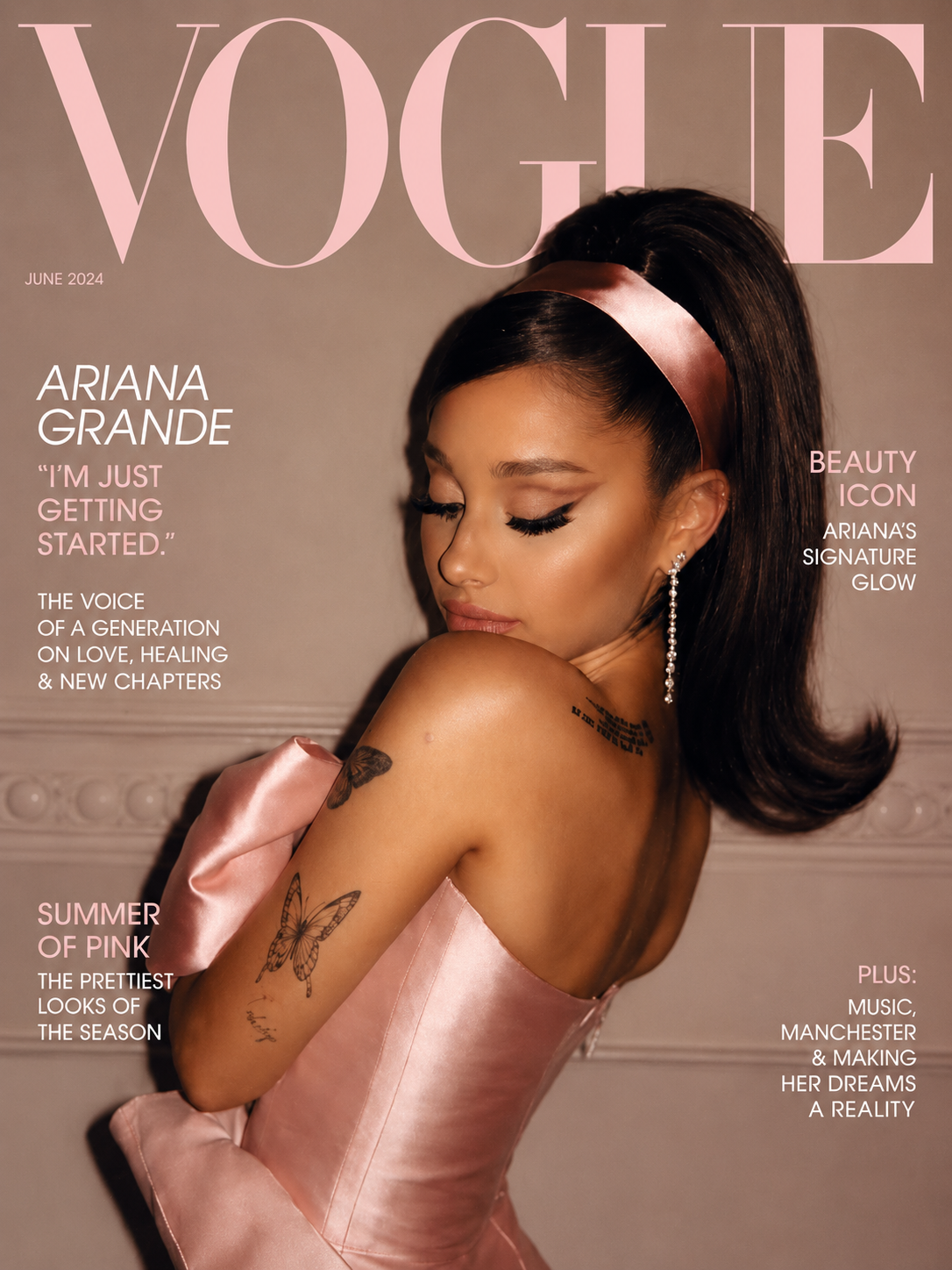 Fashion wall art poster featuring a woman in a pink satin dress, Vogue magazine cover