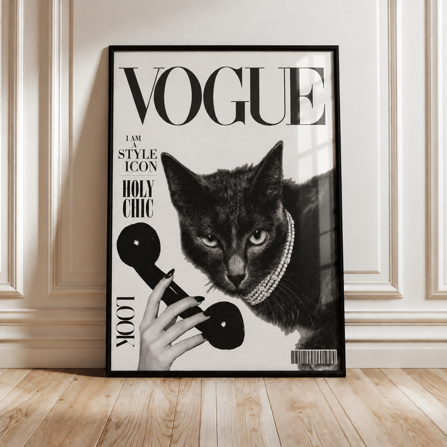 Framed black-and-white cat fashion magazine cover poster with VOGUE text