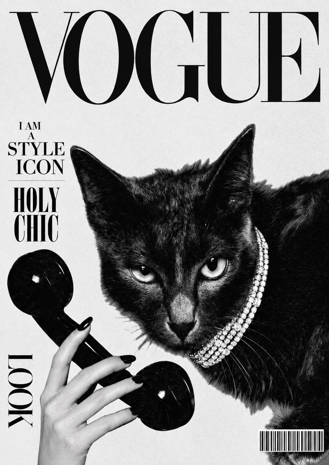 Black cat fashion magazine cover poster with VOGUE title and pearl collar