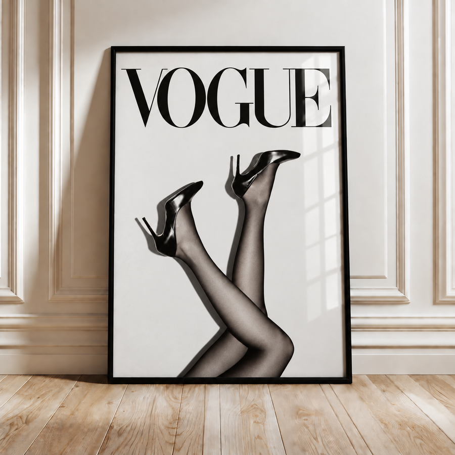 Framed Vogue wall art poster featuring black high-heel legs and heels.