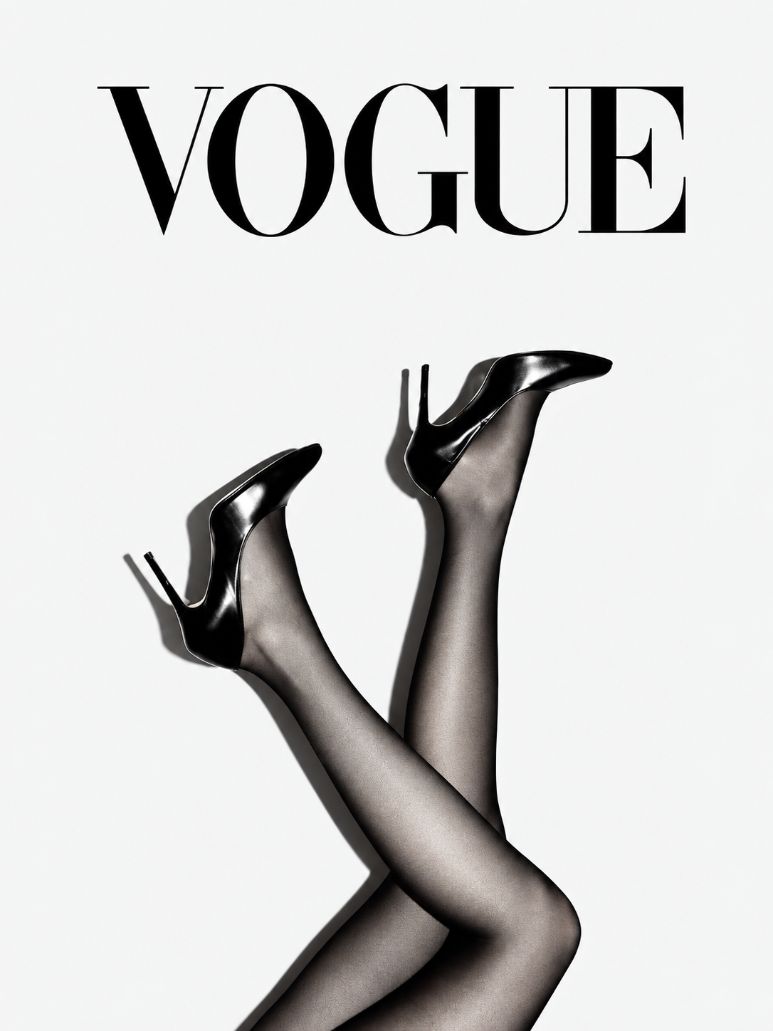 Vogue wall art poster with black high-heel legs and heels, minimal typography.