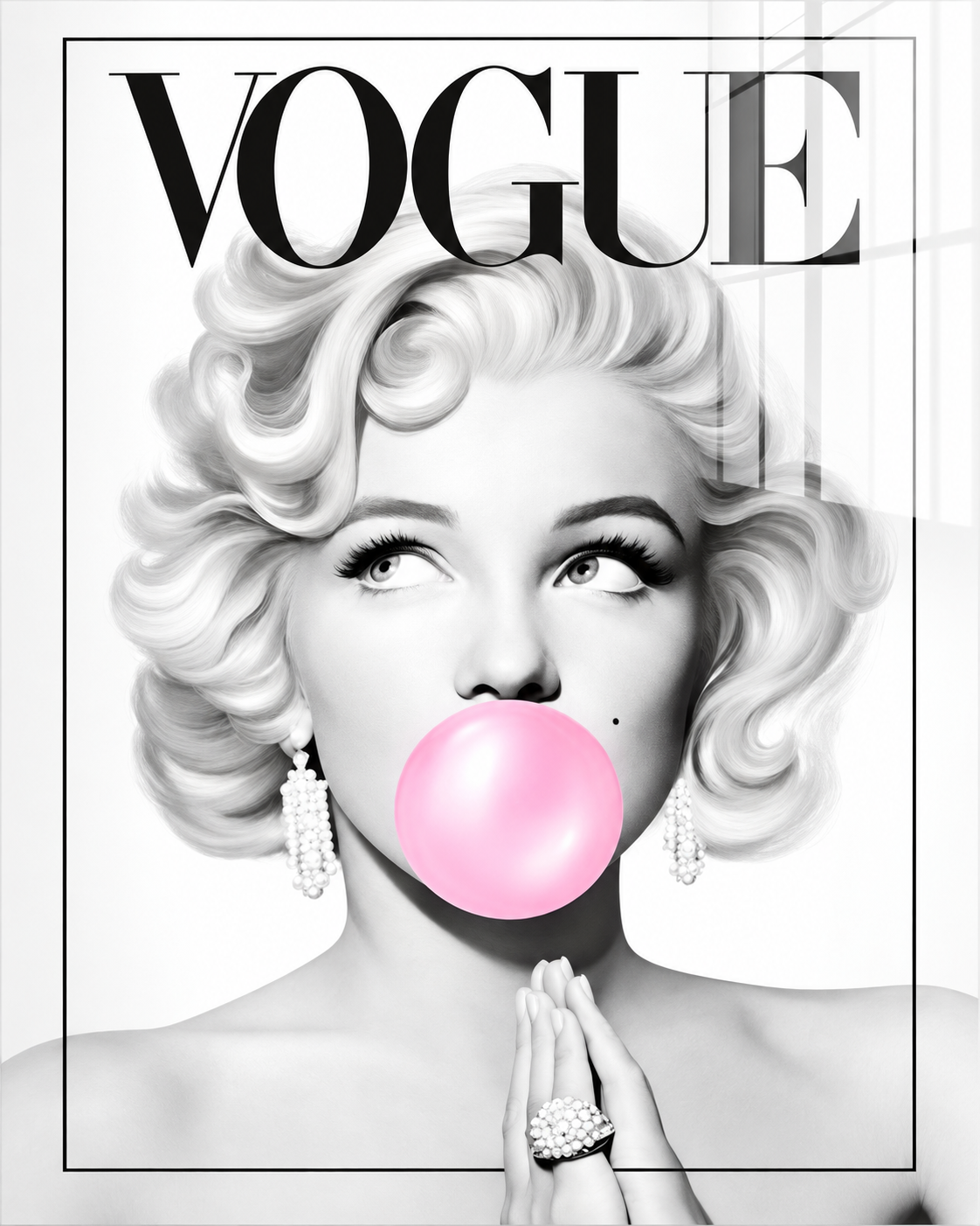 Vogue pop art wall poster with wavy-haired woman, pink bubble gum, and bold VOGUE text