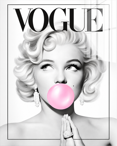 Vogue pop art wall poster with wavy-haired woman, pink bubble gum, and bold VOGUE text