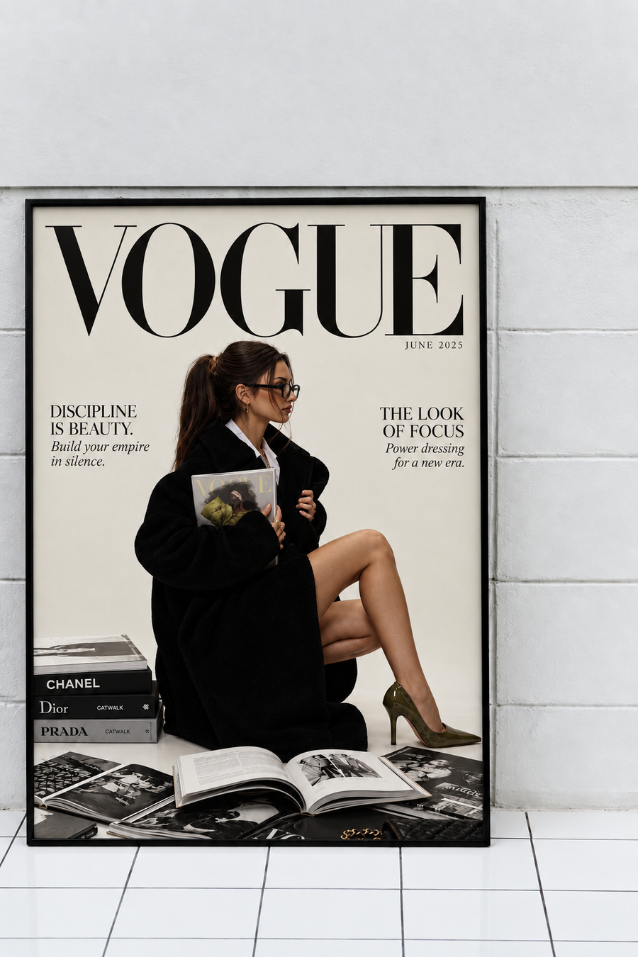 Black-framed editorial fashion poster with Vogue cover, woman in black outfit reading
