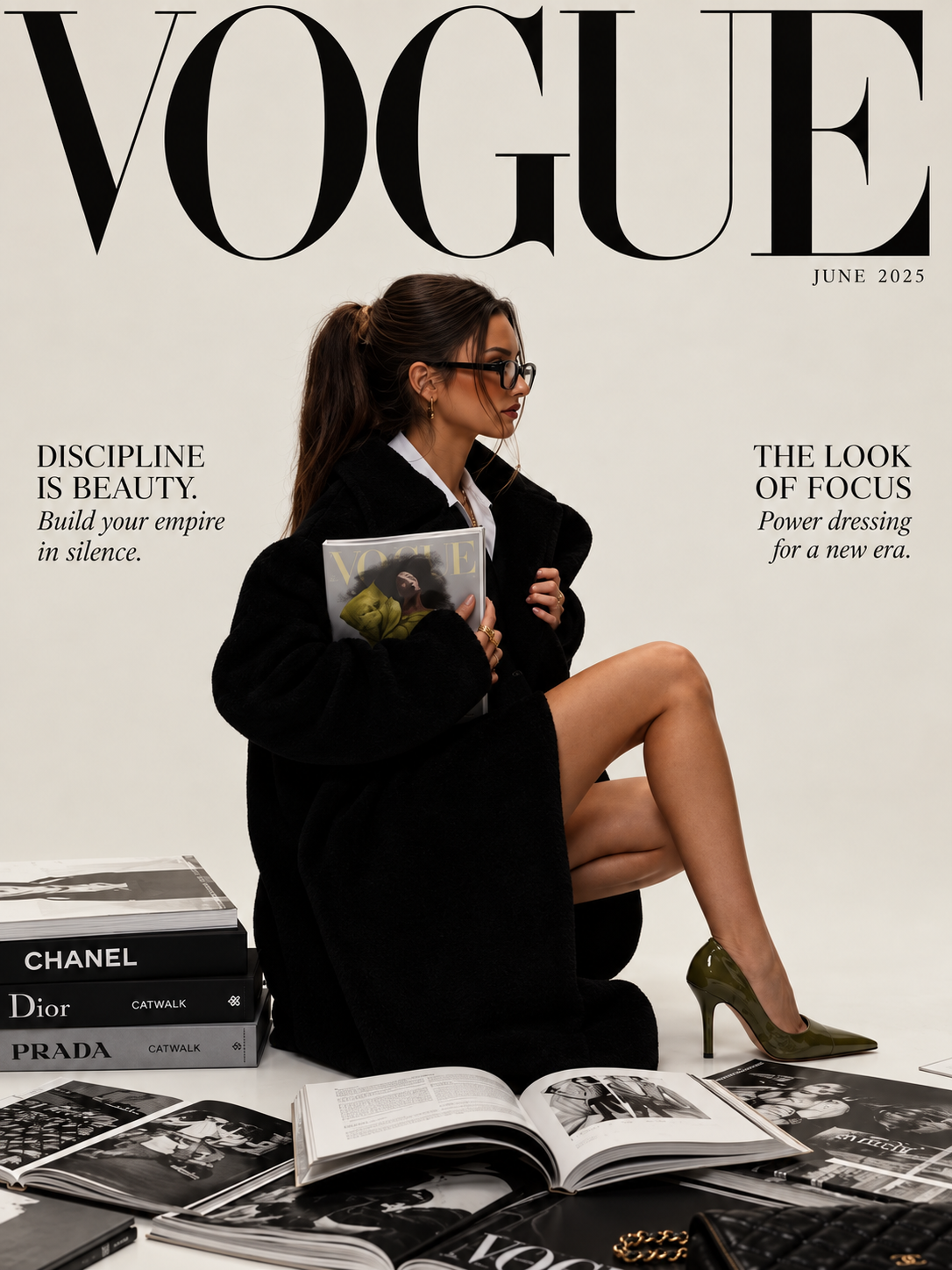 Editorial fashion poster with woman in black outfit reading a magazine, Vogue cover