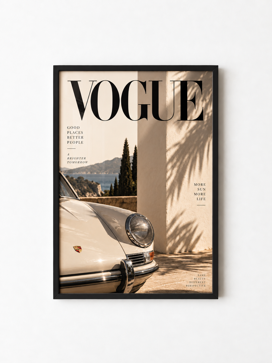 Framed fashion wall art poster with classic car photo and VOGUE headline, black frame