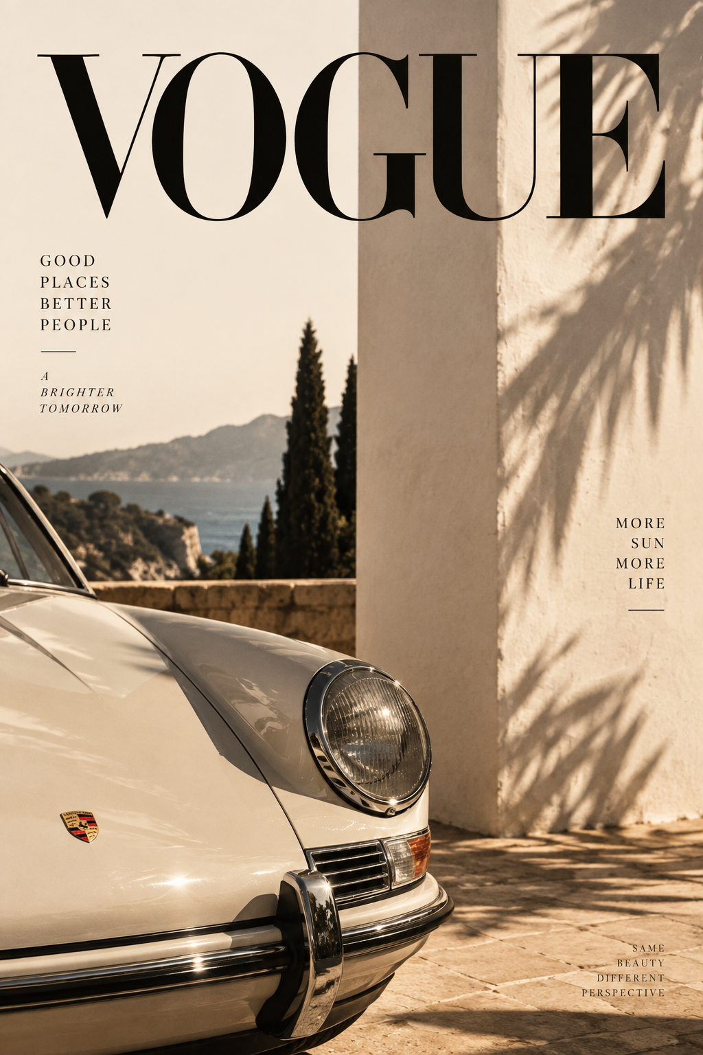 Fashion wall art poster with classic car and large VOGUE title on beige background
