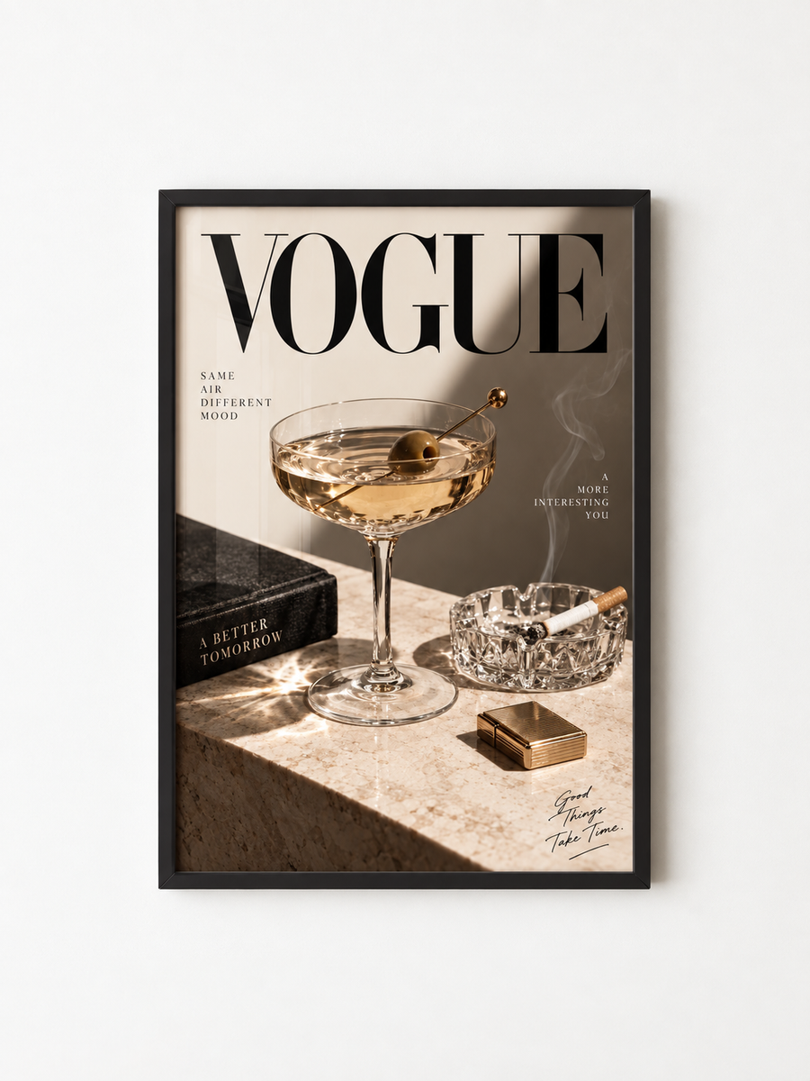 Framed luxury wall art poster: Vogue headline above martini glass still life, black frame