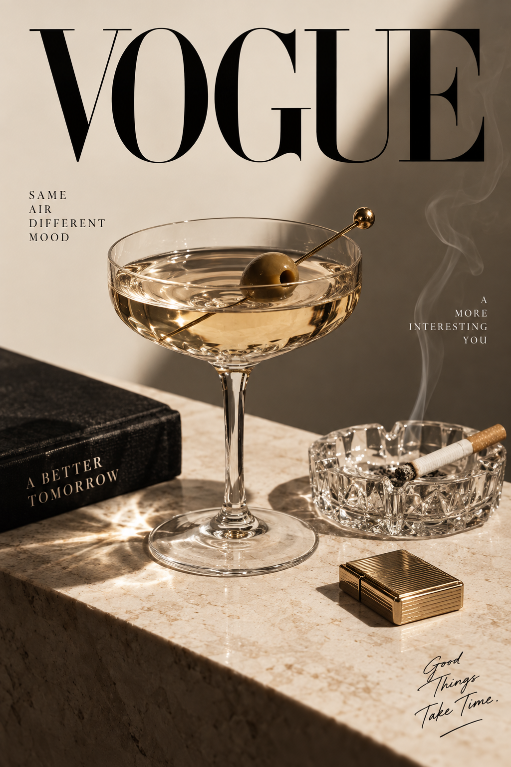 Luxury wall art poster with Vogue title and martini cocktail still life, gold tones