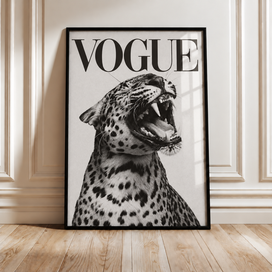 Framed leopard roar fashion wall art print with Vogue text